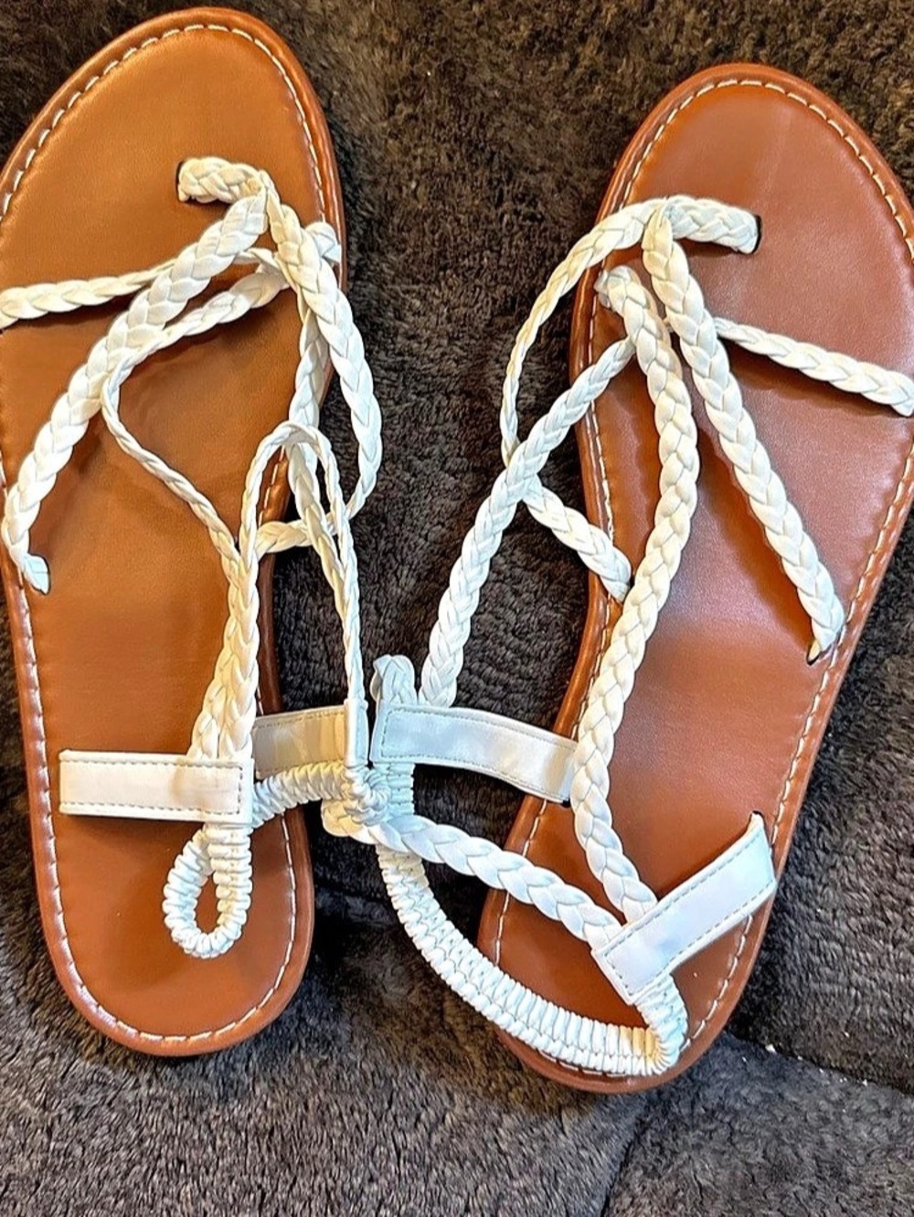 Braided Strappy Sandals in White & Brown